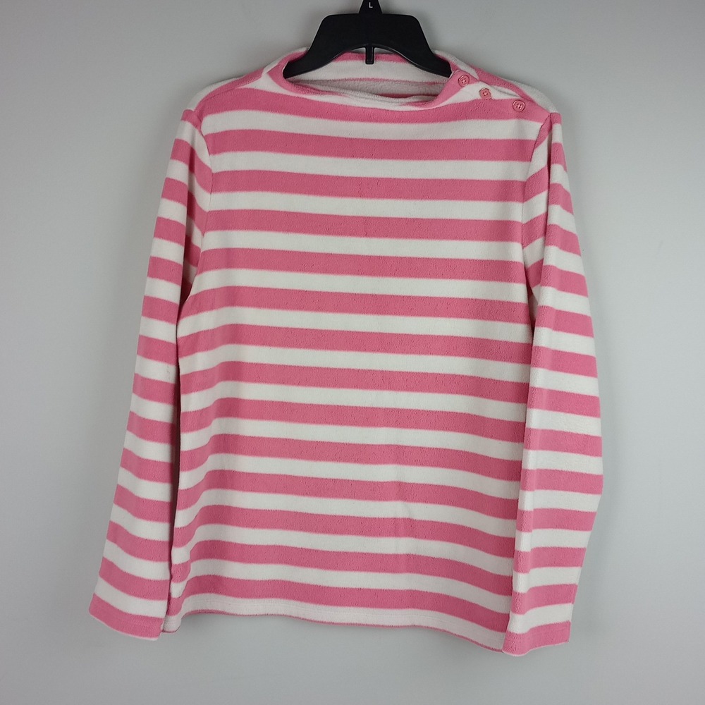 Talbots Womens L Pink Striped Fleece Button Shoulder Nautical Pullover Top